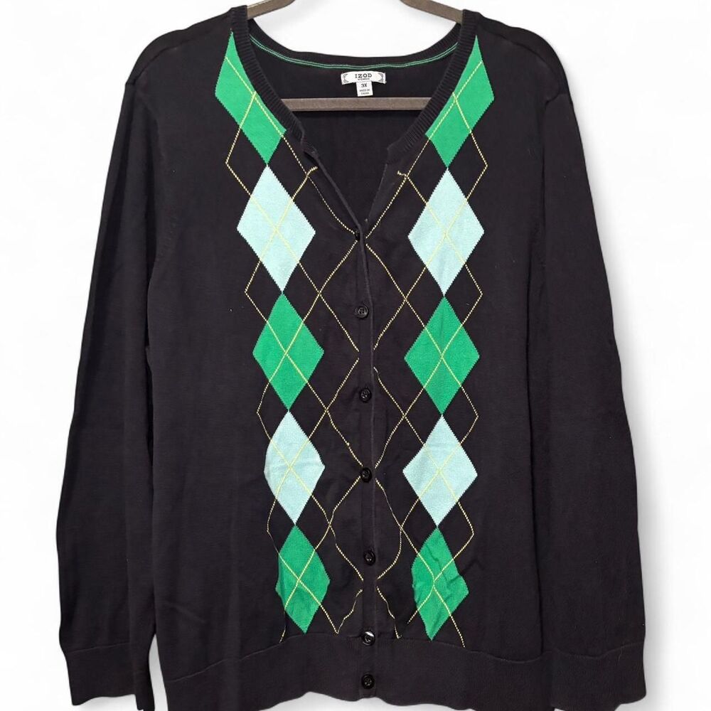 IZOD plus size argyle button up cardigan Preppy style